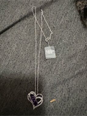 Silver Heart Necklace with Purple Gemstone Accent